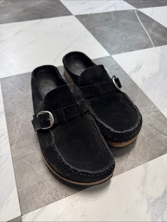 Birkenstock Shoes - Birkenstock Buckley Black Suede Buckle Clog Mules
